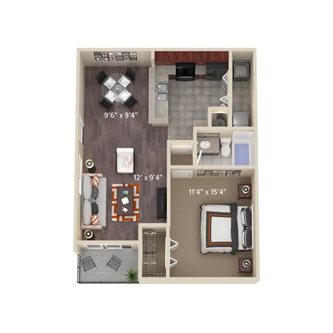 Floor plan for 1 bed, 1 bath, 829 sqft